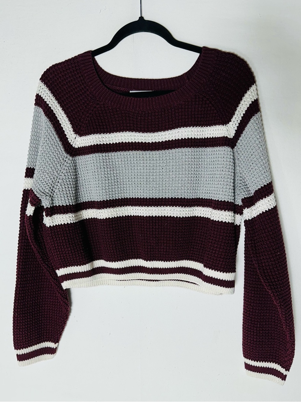 Pink Rose Burgundy Grey Crop Sweater L Waffle Knit Striped Preppy Academia